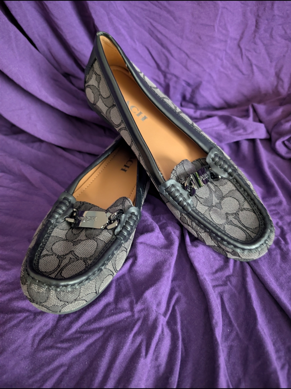 Coach Womens Signature Gray Driving Moccasins